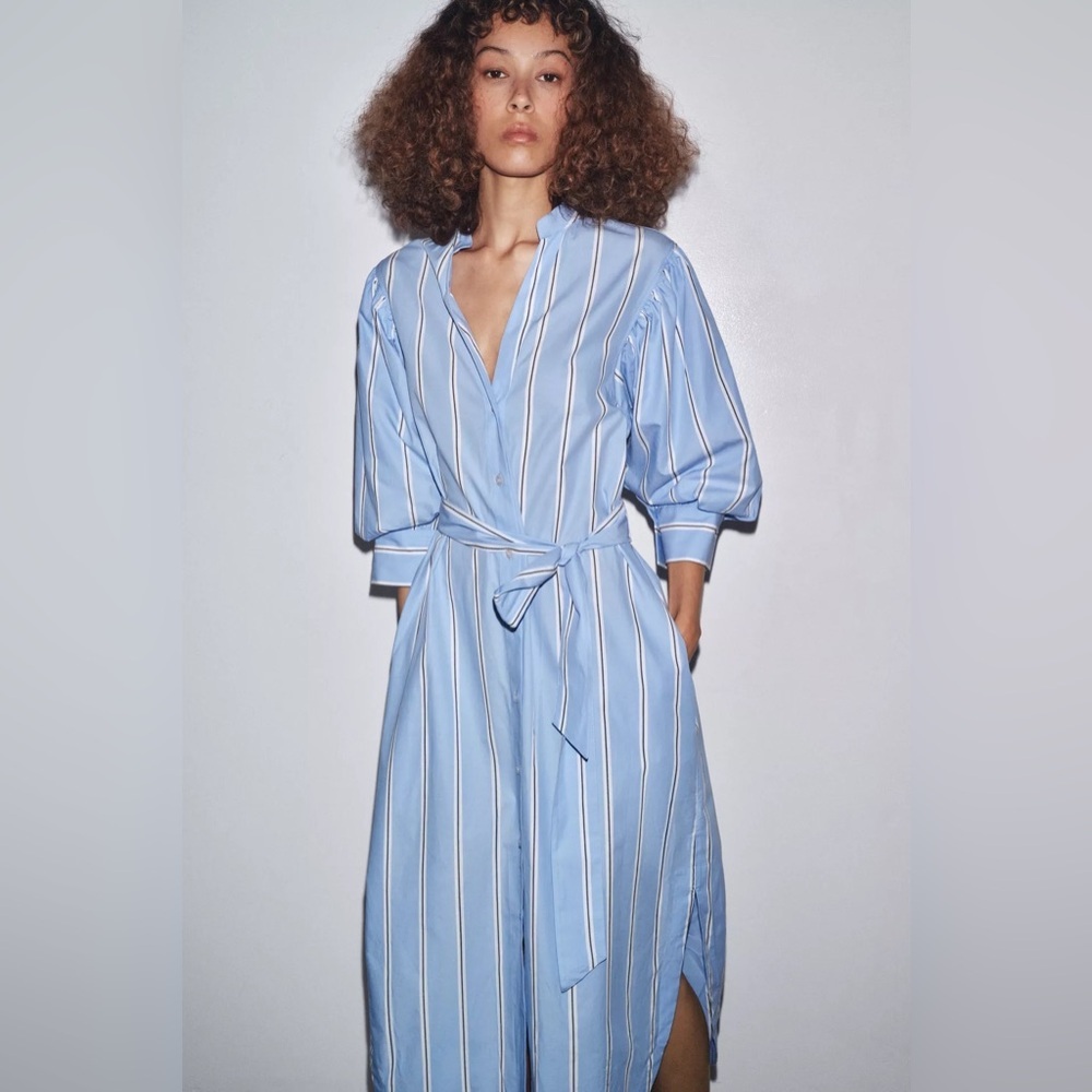 Zara ZW Blue Striped Belted Shirt Dress Puff Sleeves 100% Cotton Buttons NWT XS - Picture 4 of 15